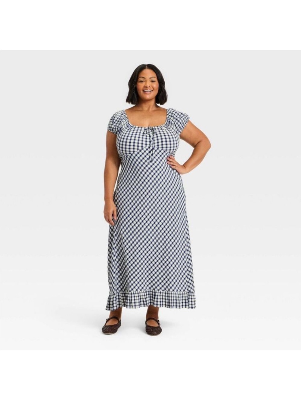 NWT Blue and White Gingham Maxi Dress with Ruffle Hem